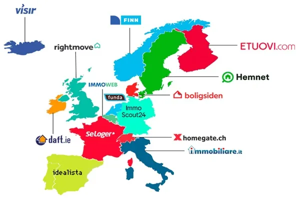 Europäische Länder mit dem Logo einer führenden Immobilienseite